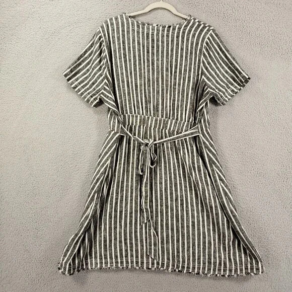 Linen Blend Dress Womens 1X Gray Black White Stripe Belted Crossover Raw Hem - Picture 11 of 11